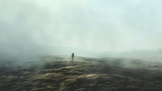 Misty moorland with a lone figure walking through, mysterious scene, solitary journey