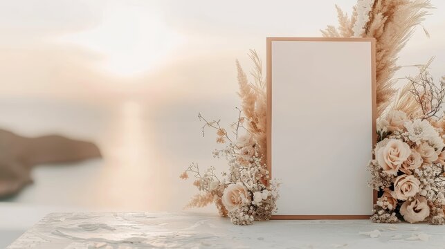 Elegant wedding invitation card template with a coastal sunset backdrop, surrounded by delicate flowers and pampas grass.