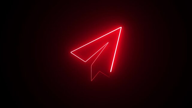 Paper Plane neon sign appear in center and disappear after some time. Animated blue neon icon on black background. Looped animation.
