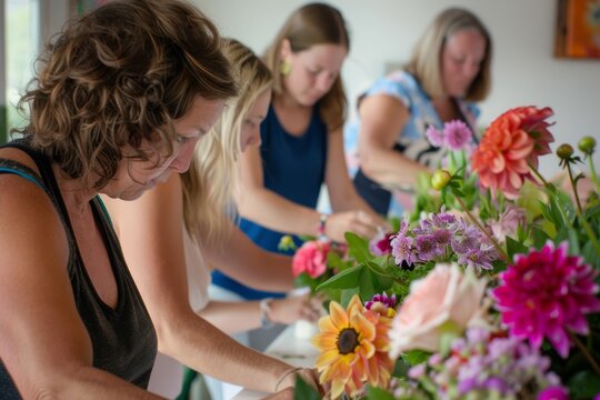 Flower Arranging Workshop: Hands-on Floral Creation with Instructor and Participants Creating Bouquets