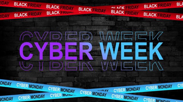 Neon text CYBER WEEK on brick wall background. Vector animation in 4k.
