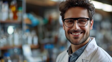 Fototapeta premium A young, enthusiastic scientist in a white lab coat and safety glasses beams with a genuine smile, radiating passion for science