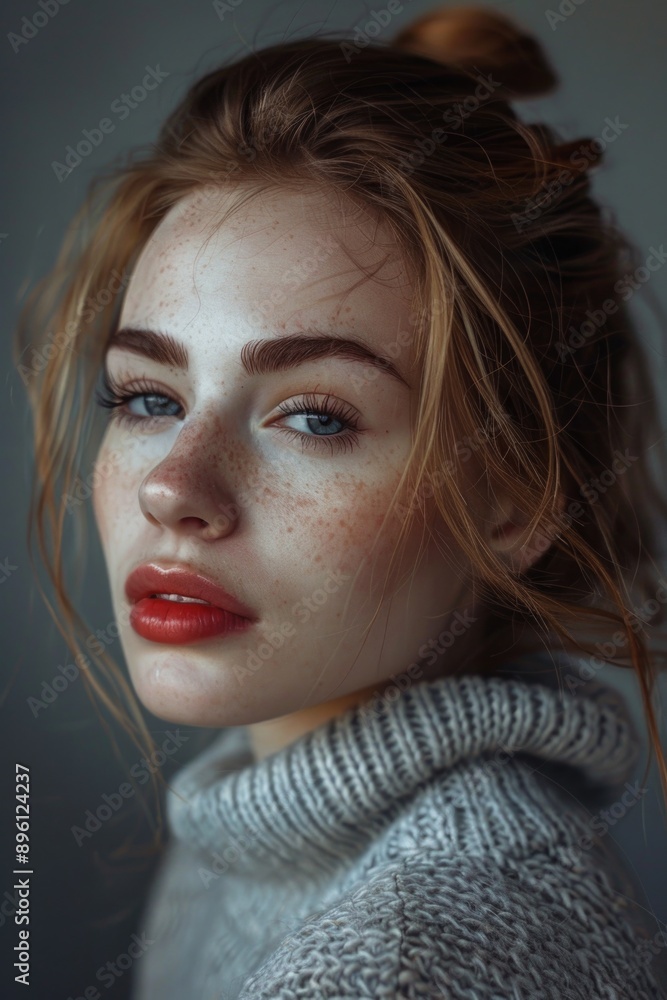 Poster close-up of a woman's face with visible freckles, great for personal or editorial use