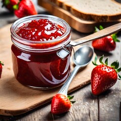 Sweet and healthy strawberry fruit jam in a glass jar on a wooden kitchen table next to the spoon and a whole grain bread for nutritious dessert vegan meal.