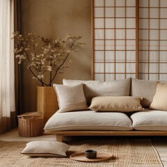 Elegant Japandi Living Room: Cozy Beige Sofa in Modern Minimalist Apartment. Fusion of Scandinavian and Japanese Design Aesthetics. Serene and Sophisticated Interior with Clean Lines and Neutral Palet