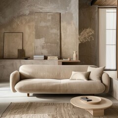 Elegant Japandi Living Room: Cozy Beige Sofa in Modern Minimalist Apartment. Fusion of Scandinavian and Japanese Design Aesthetics. Serene and Sophisticated Interior with Clean Lines and Neutral Palet