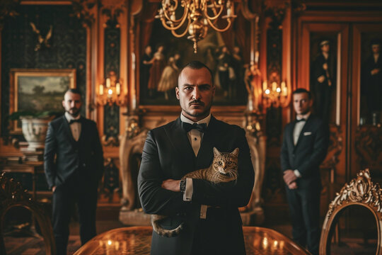 people from the mafia or dark upper social spheres posing in a portrait