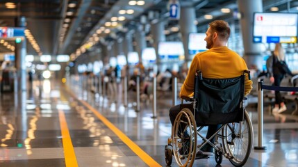 Man in wheelchair at airport terminal. Mobility and accessibility concept