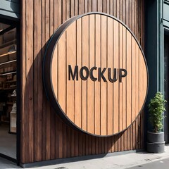  wooden wall hosts a circular mockup signboard.