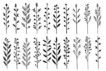 Minimalist flower and flower branches for logos or tattoos. Hand drawn line wedding elements, simple elegant leaves