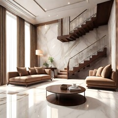 White marble floor tile in brown wall hall, luxury living room with beige corner sofa, side table, wooden stairway in sunlight from floor to ceiling sheer curtain for interior design.