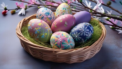 Fototapeta premium A basket of colorful hand painted Easter eggs