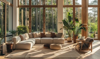 Spacious Japandi Living Room: Eco-Scandinavian Elegance with Sofa and Armchairs Bathed in Natural Light. Minimalist Interior Design Blending Japanese and Nordic Aesthetics. Serene 4K Wallpaper Showcas