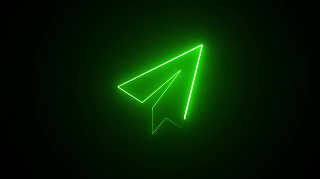Paper Plane neon sign appear in center and disappear after some time. Animated blue neon icon on black background. Looped animation.
