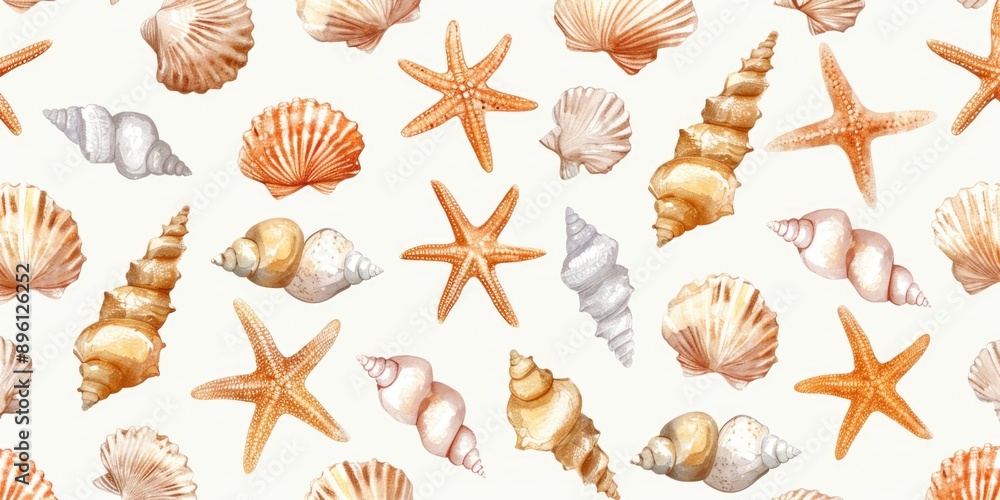 Poster close-up image of shells and starfishes on a white background, ideal for designs and decorations
