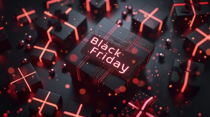 BLACK FRIDAY gift background on black , red ribbon, glowing present box, retail promotions, discount events and social media marketing Big sale offer.