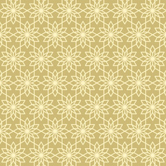 Seamless geometric pattern with flower-like shapes arranged symmetrically and repeating. Suitable for various design purposes, such as textiles, tiles, wallpapers, backgrounds, etc.