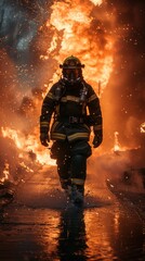 Firefighters are walking through a fire with a huge fire in the background