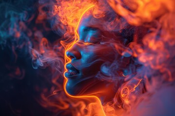 Flames are rising from a woman's face in