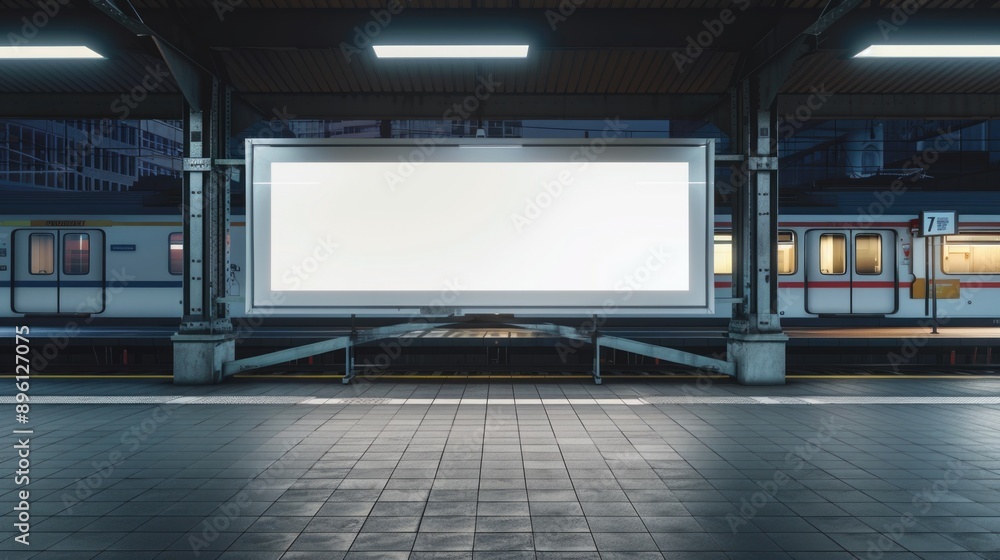 Aufkleber an empty subway station with a lone billboard on the platform