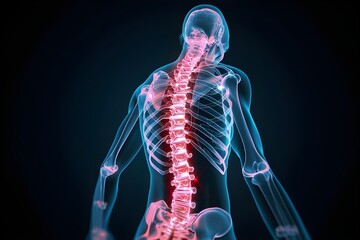 3d rendered illustration of a spine transparent blue human body showing bones and abnormal C-Shaped spine with highlighted in blue and red, showcasing the skeletal structure against a dark background