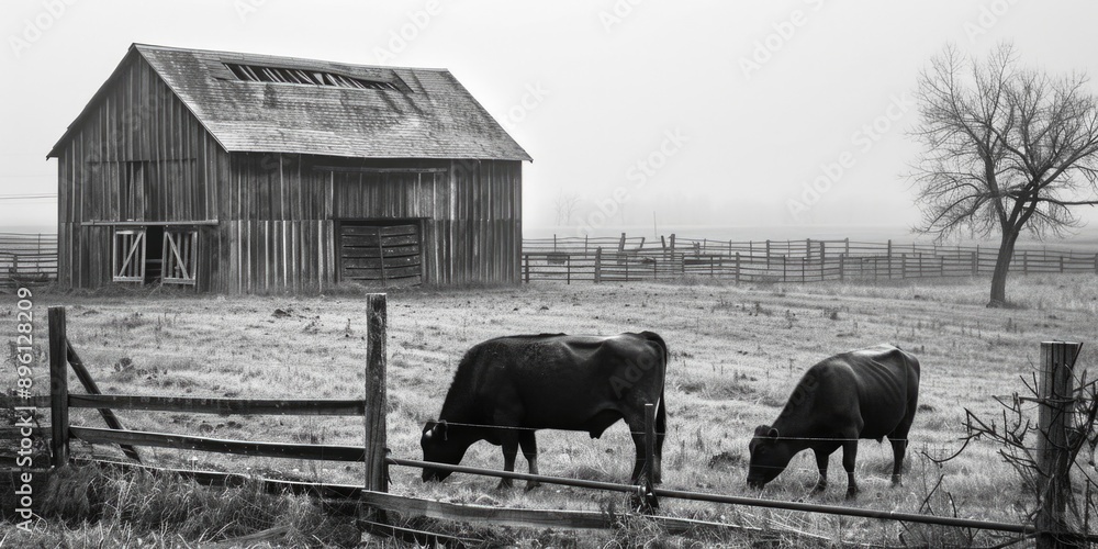 Poster two cows grazing in a green meadow next to a rustic barn