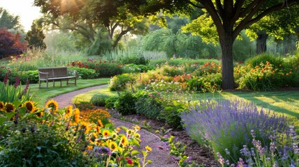 Fototapeta premium Tranquil Garden Path with Vibrant Flowers and Cozy Bench for Relaxation