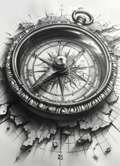 Fototapeta premium Vintage Cracked Compass Tattoo Design in Black and Grey 3D