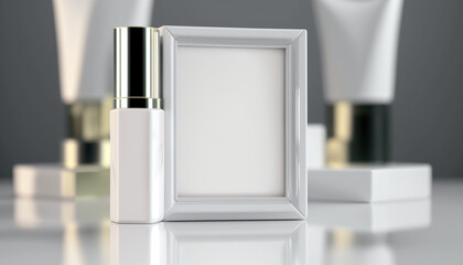 Bright colored minimal showcase scene with empty clean frame with copy space and beauty cosmetic products.