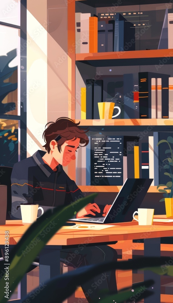 Poster young programmer debugging code in cozy night workspace with city lights and coffee