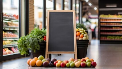 A black chalkboard or a sign in a wooden frame for the menu text, standing on the floor of a store, a hypermarket, a convenient layout. Empty menu board stand.