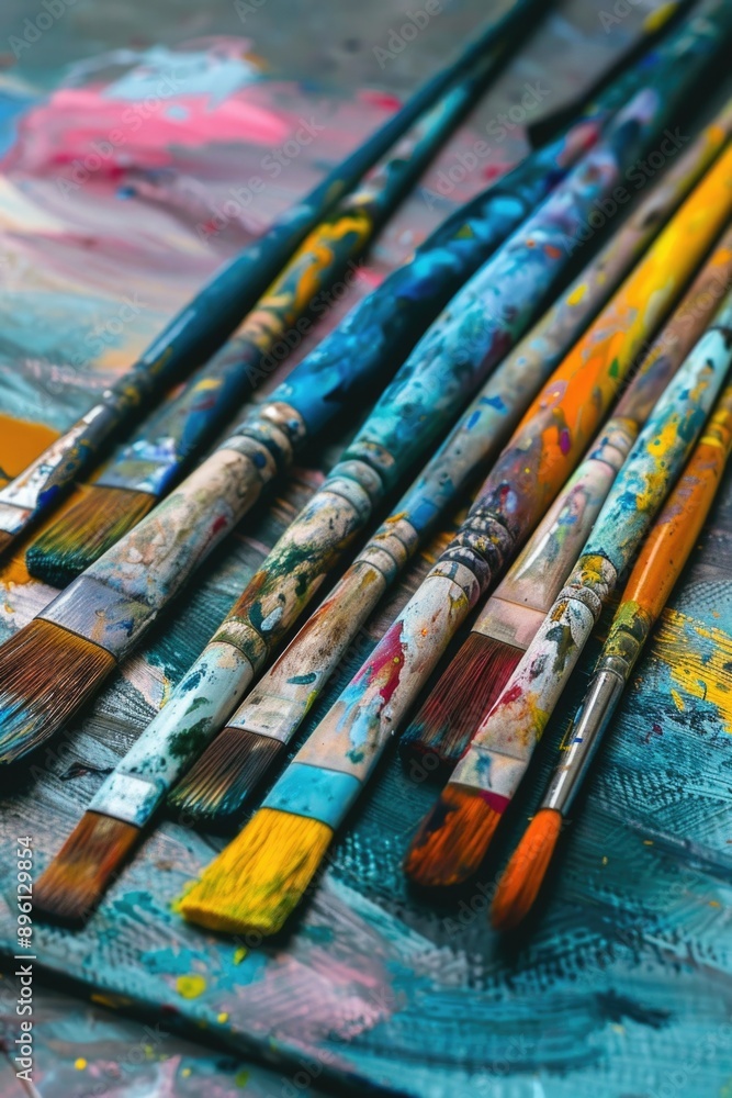Poster A selection of paint brushes resting on a table, awaiting use in an art project