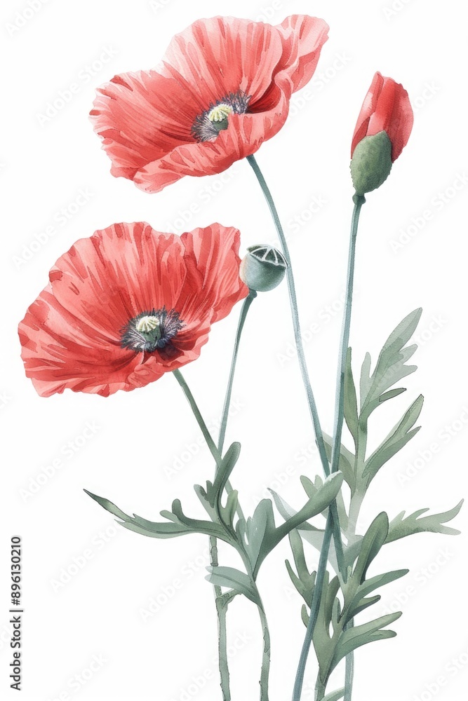 Poster image of three red poppies on a white background