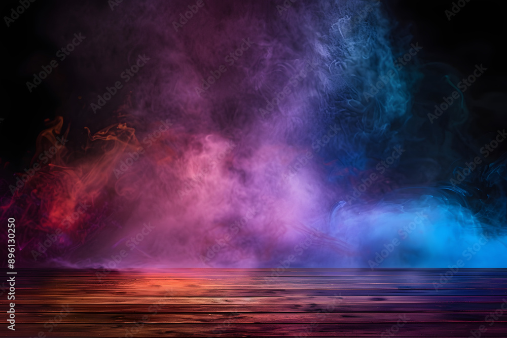 Poster empty wooden table with colorful smoke float up on dark background