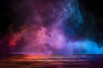 empty wooden table with colorful smoke float up on dark background