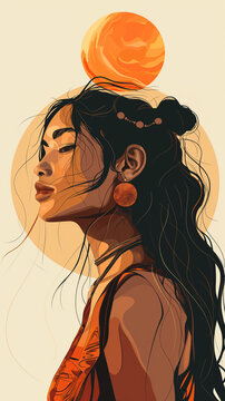 Illustarted bohemic Indian woman portrait with sun and flowers