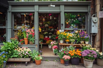 Charming Flower Shopfront Decorated with Vibrant Blooms and Potted Plants