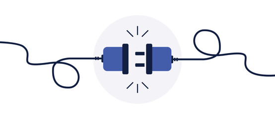 404 error page not found banner. Cable and socket. Cord plug. System error, broken page. Disconnected wires from the outlet. For website. Web Template. Popping window. Blue. Eps 10