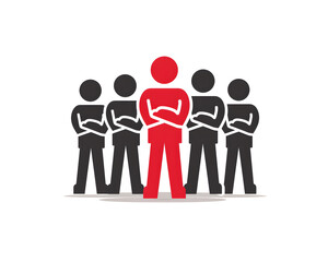 Leadership Icon: Red leader stands tall, arms crossed, symbolizing leadership and authority, while a team of black stick figures stand behind, representing unity and support.  