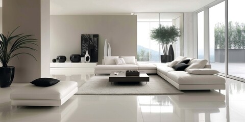 Elegant Modern Living Room with Minimalist Interior Design: Sleek Furnishings and Clean Lines in a Contemporary Space. Aesthetic 4K Wallpaper Showcasing Sophisticated Decor and Neutral Color Palette f