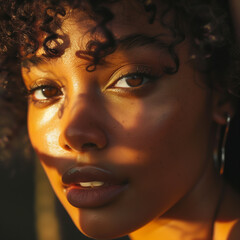 Portrait of a Young Black Woman with Beautiful Eyes and Sun-Kissed Curly Hair in Golden-Hour Light