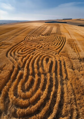 Naklejka premium Cultivated cereal field with a design similar to a pattern or maze, background of big extension of land green trees and blue sky, planted field, sustainable agriculture, biodiversity