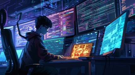 Young Prodigy Debugging Code in High-Tech Room with Multiple Screens and Complex Algorithms
