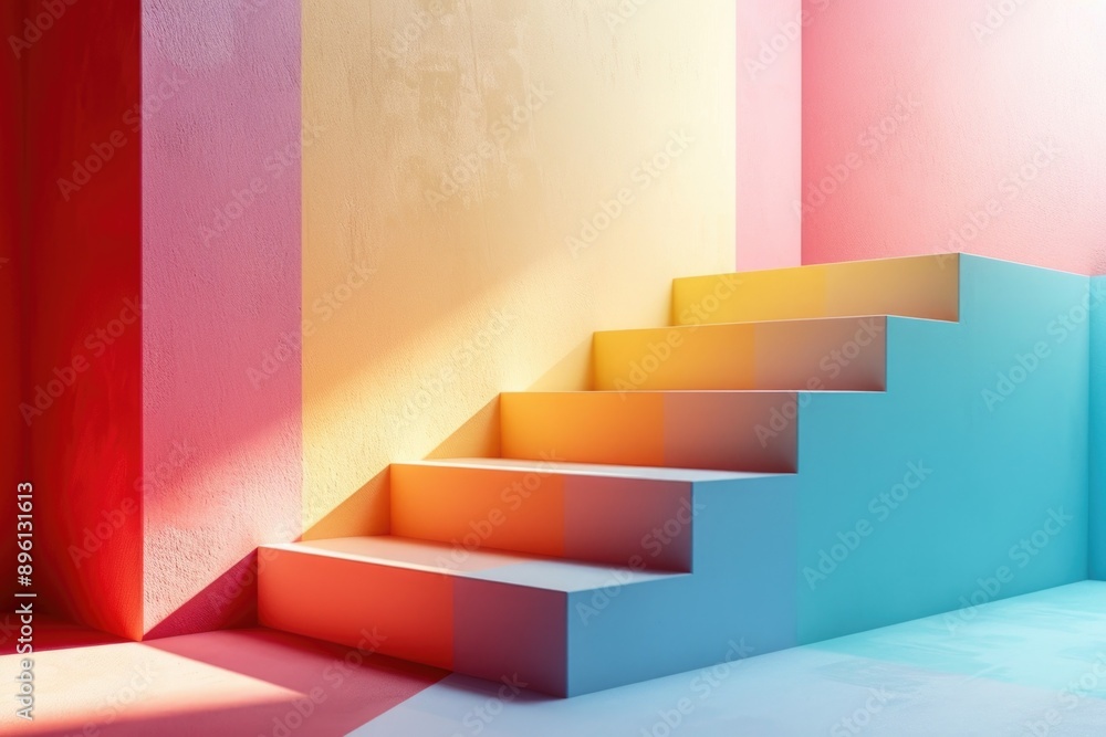 Poster a staircase in a vibrant and colorful room, great for interior design or architecture images