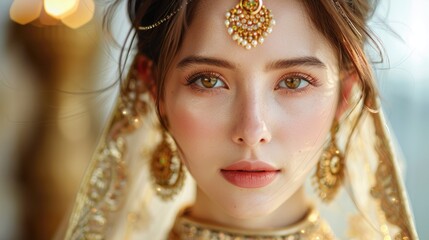 A beautiful girl with a sweet face wearing a contemporary Thai outfit. Put your hair on top and wear gold. wearing gold jewelry The background is soft and warm