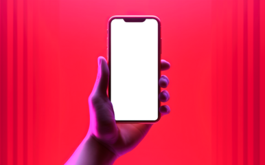 Hand holding smartphone with transparent screen for copy space over vibrant red background