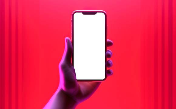 Hand holding smartphone with transparent screen for copy space over vibrant red background