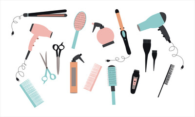 Set of equipment for a hairdresser. Collection of tools for hair cutting and styling. Hairdryer, hairbrush, scissors and professional tools for barbershop.