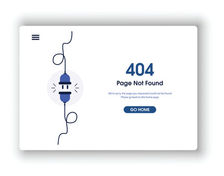404 error page not found banner. Cable and socket. Cord plug. System error, broken page. Disconnected wires from the outlet. For website. Web Template. Popping window. Blue. Eps 10