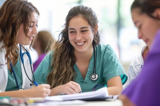 Group of Student nurses reviewing patient charts in a study group, education, vibrant